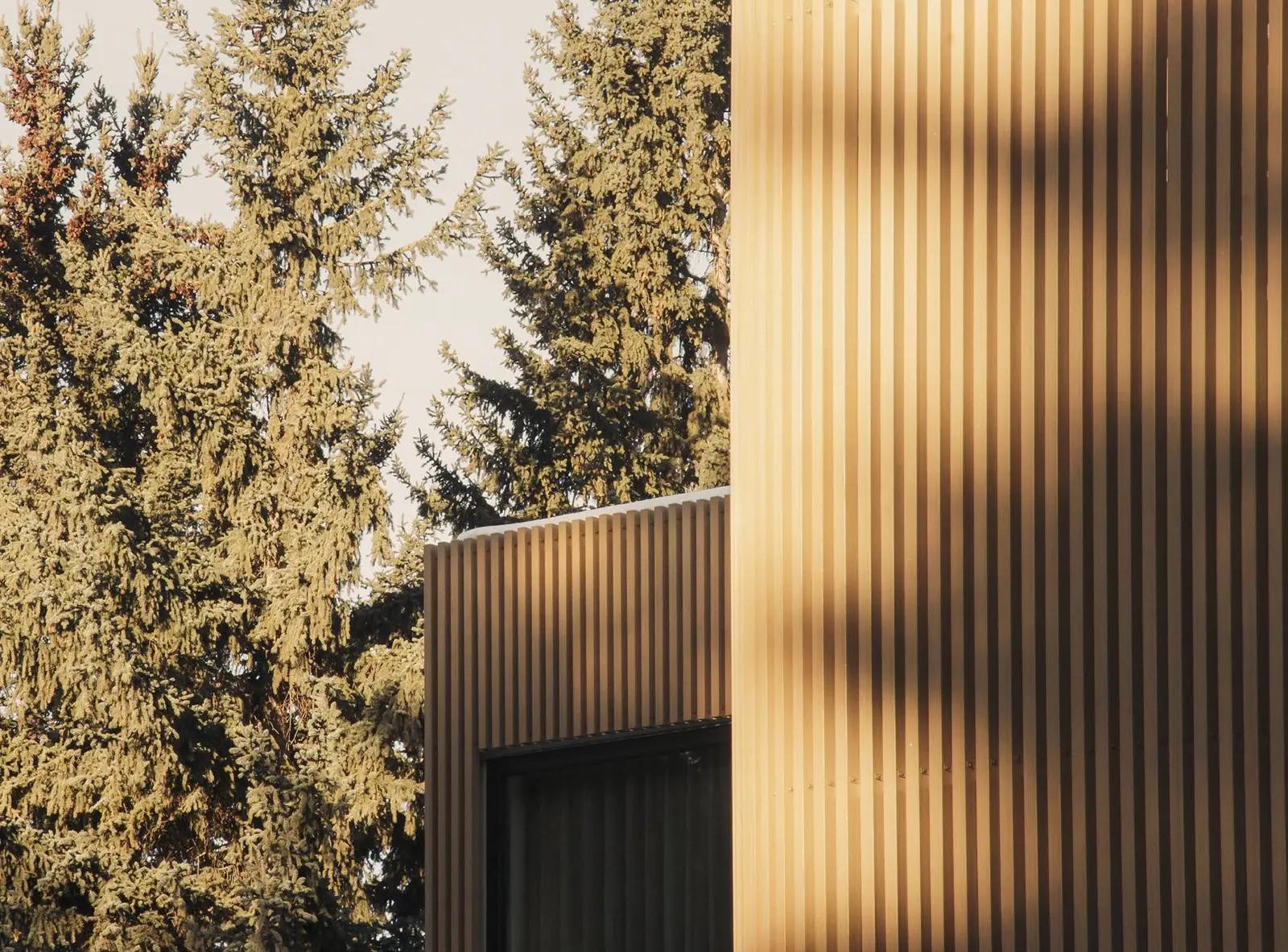 Detail hliníkových lamel ALWOOD s kresbou a strukturou dřeva